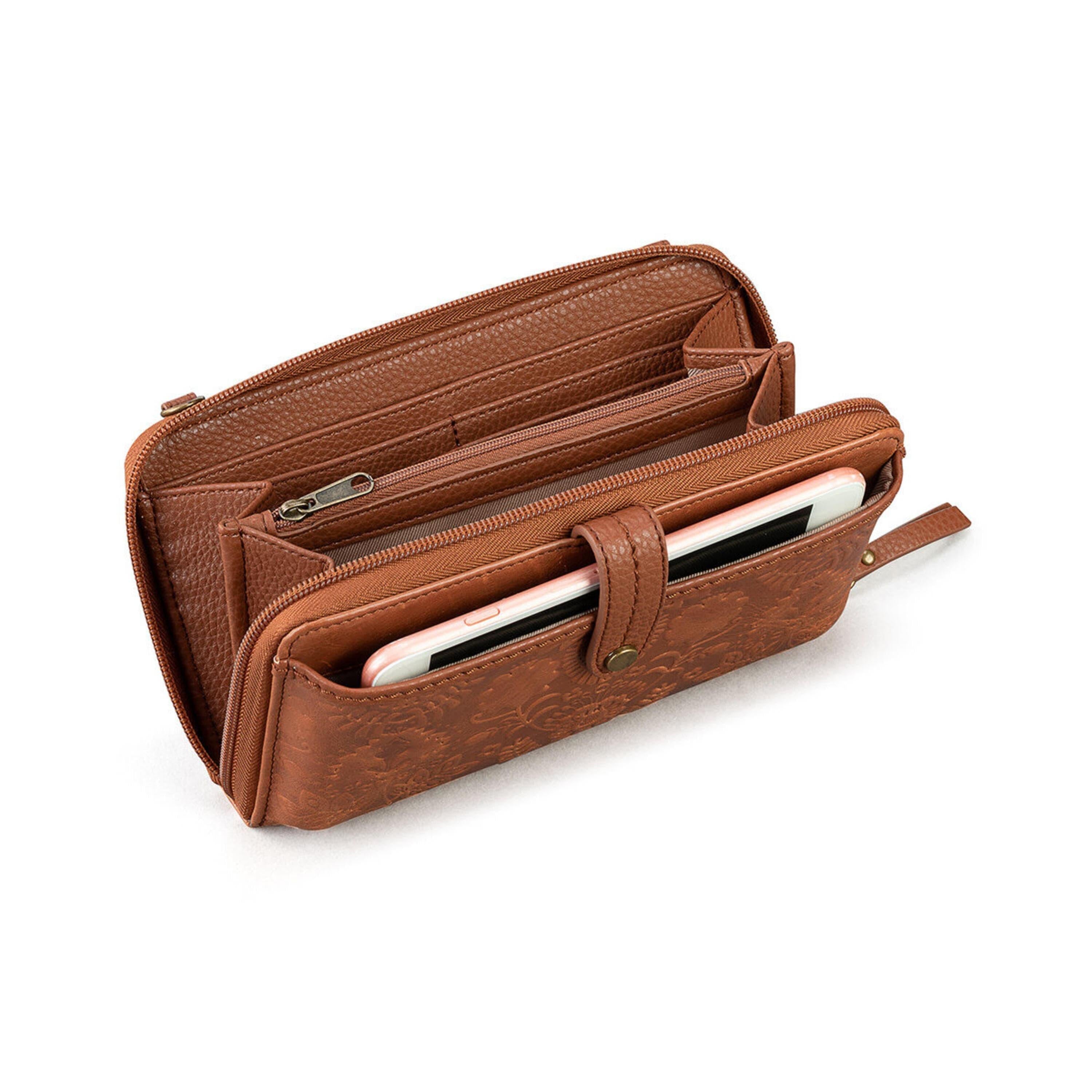 Cartera para smartphone Iris - Piel - Estampado floral en tabaco