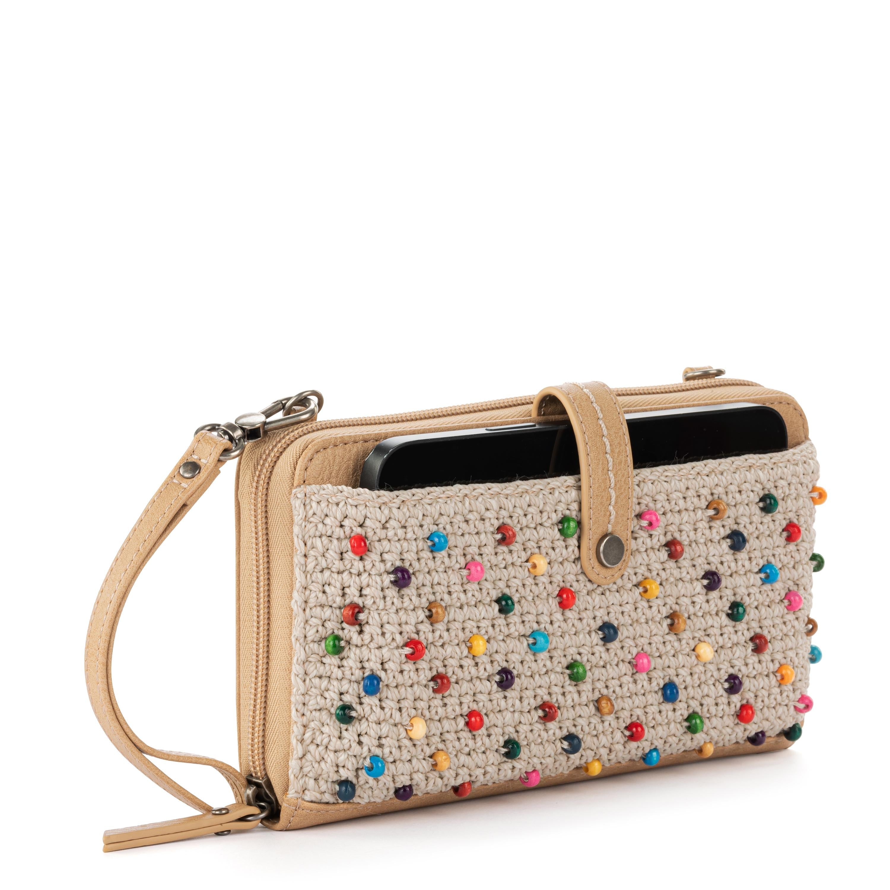 Cartera para smartphone Iris - Crochet a mano - Color crudo con múltiples cuentas