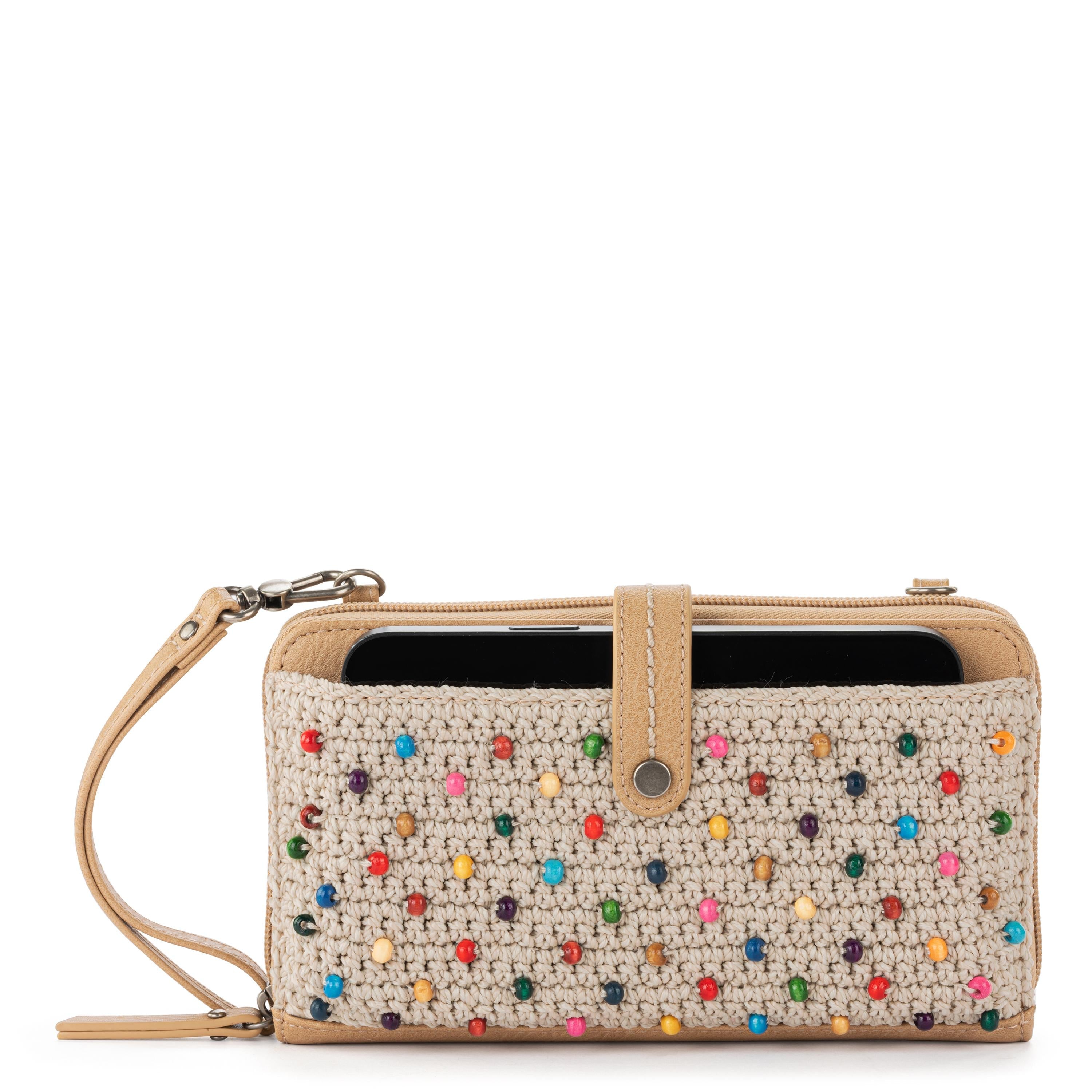 Cartera para smartphone Iris - Crochet a mano - Color crudo con múltiples cuentas