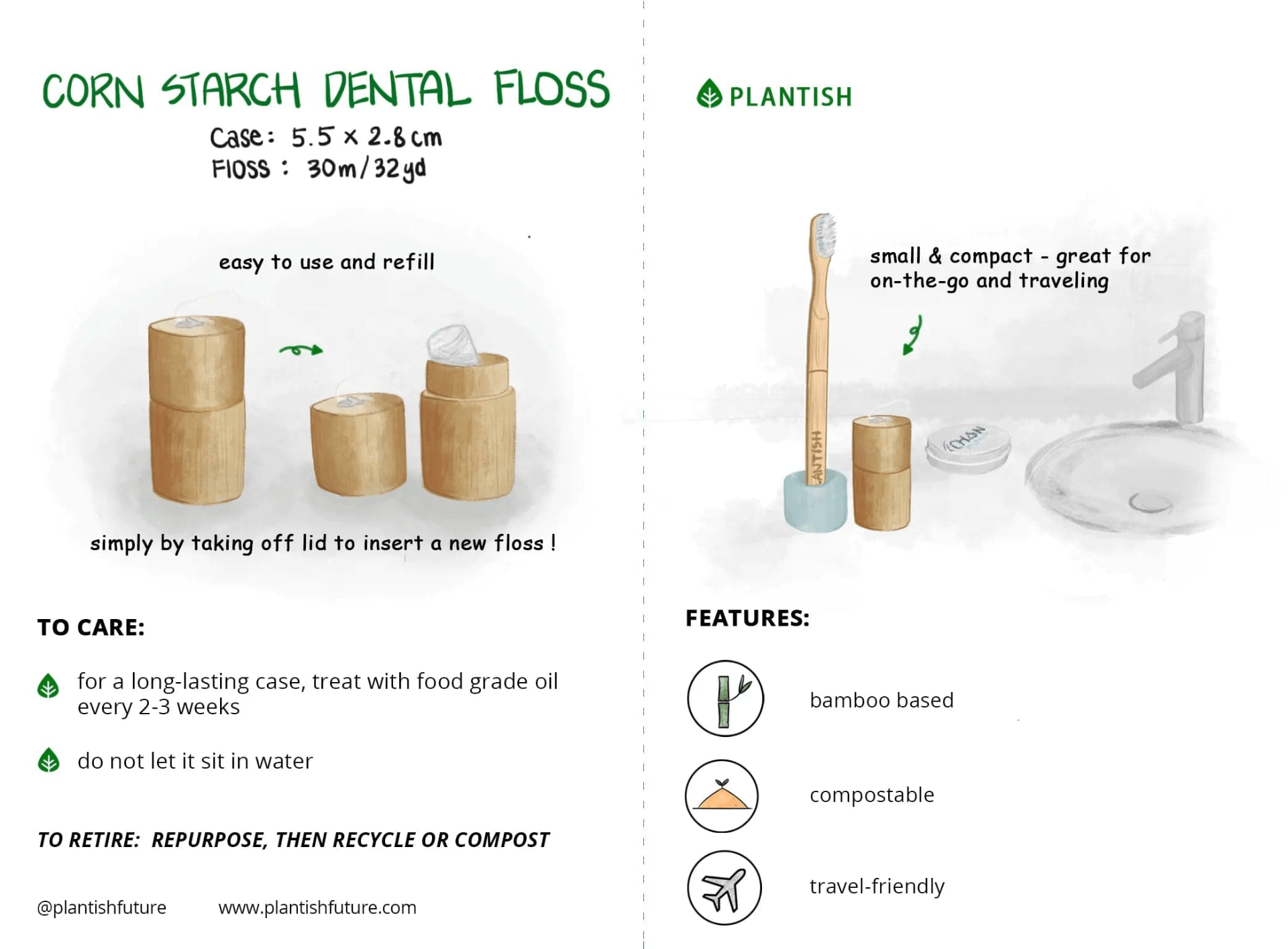 Cornstarch Dental Floss with Refillable Bamboo Case - 30m Zero-Waste Oral Care