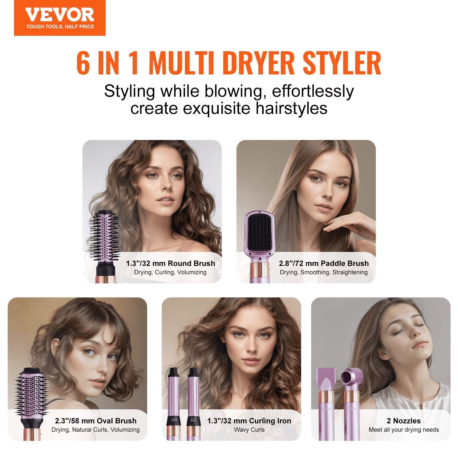 VEVOR Hair Dryer Brush – 6-in-1 Multi Hair Styler for Volumizing, Styling & Curling