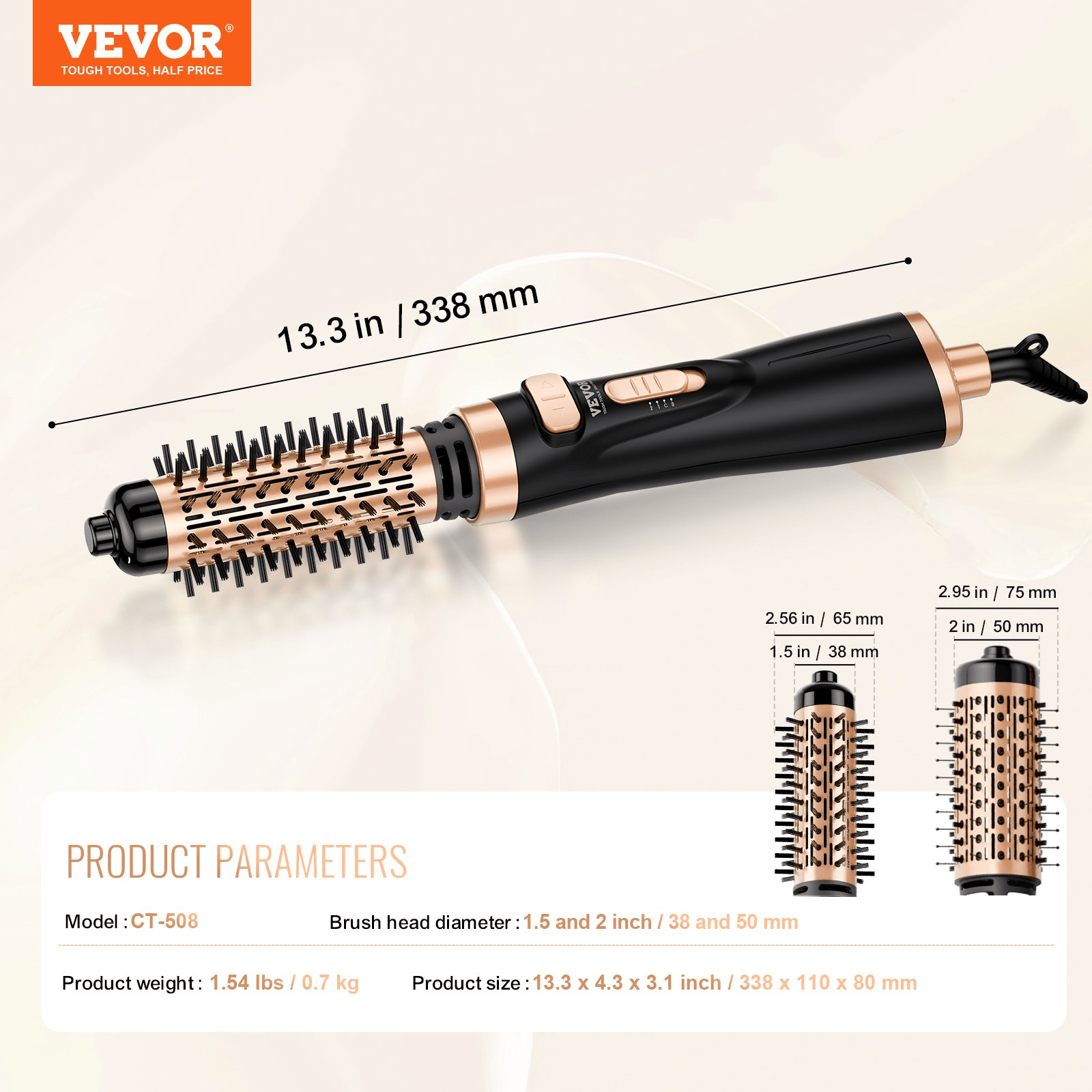 VEVOR Rotating Hot Air Brush, 1.5" & 2" Interchangeable Heads