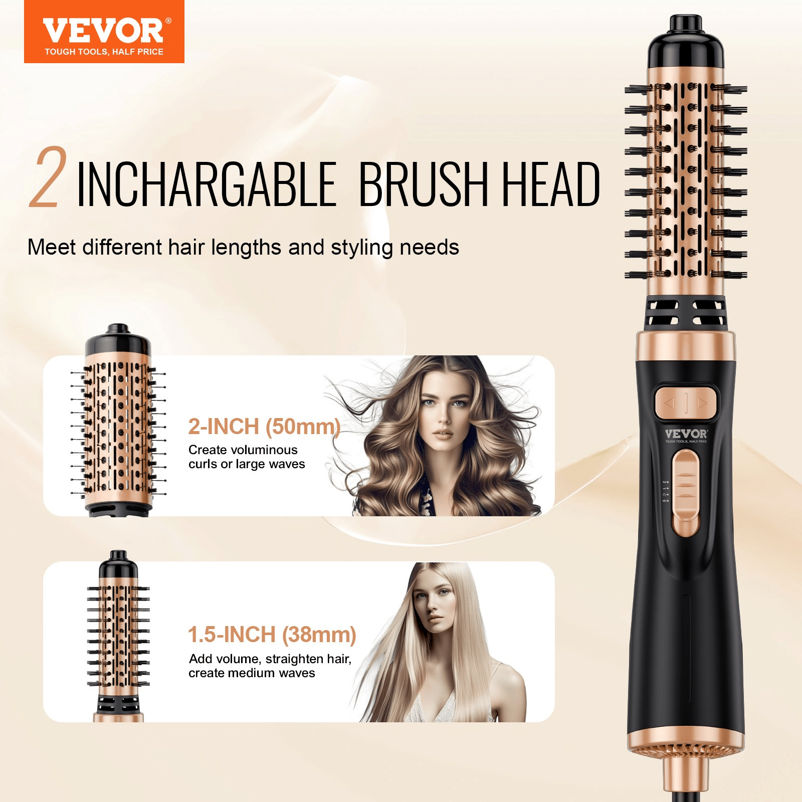 VEVOR Rotating Hot Air Brush, 1.5" & 2" Interchangeable Heads