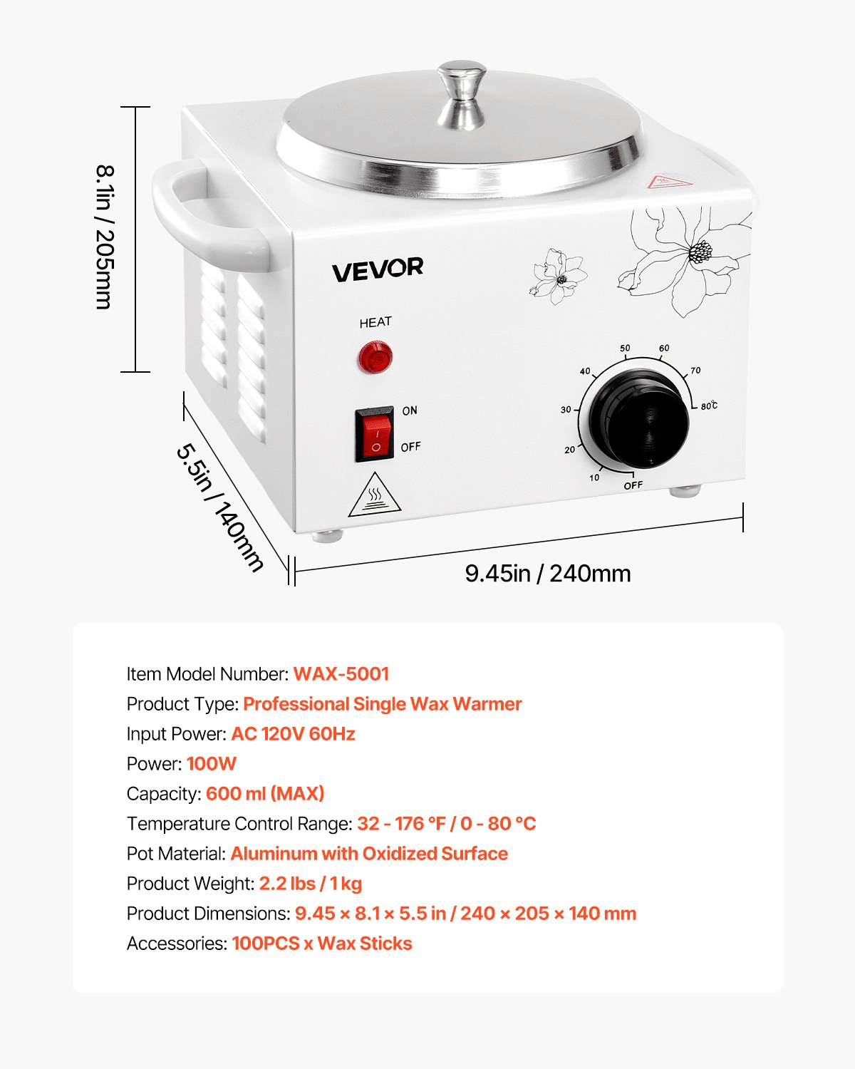 VEVOR Single Wax Warmer 600ML Professional Waxing Heater Pot for Hair Removal