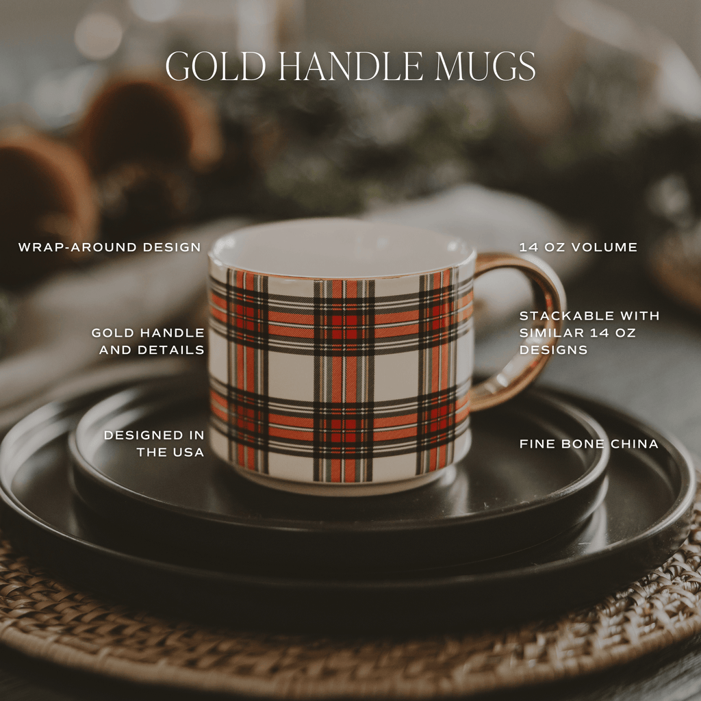 White Plaid 14oz. Gold Handle Coffee Mug