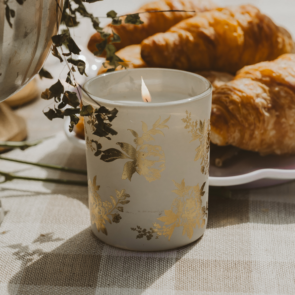 Gold Delft Soy Candle - White Translucent Tinted Glass Jar - 12 oz