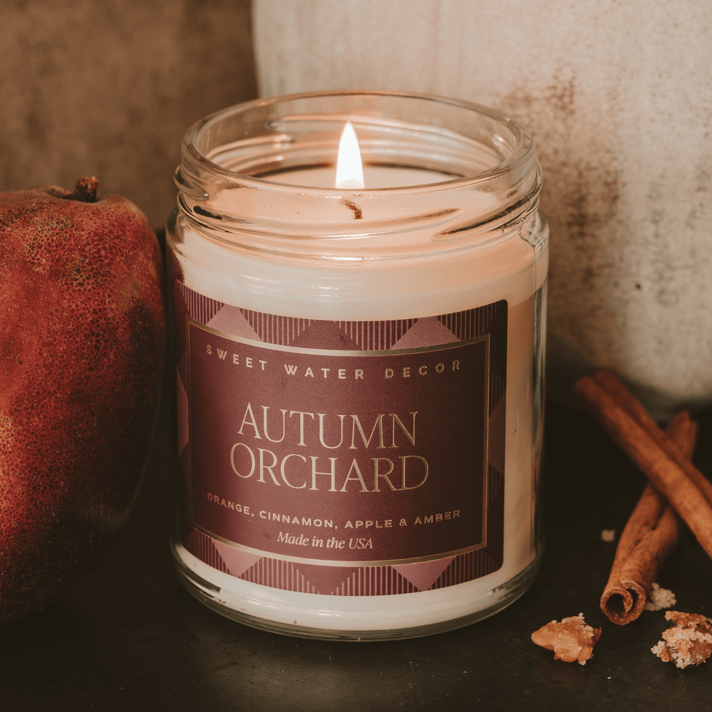 Vela de soja Autumn Orchard - Estampada, 250 g - Tarro transparente (Sidra caliente)