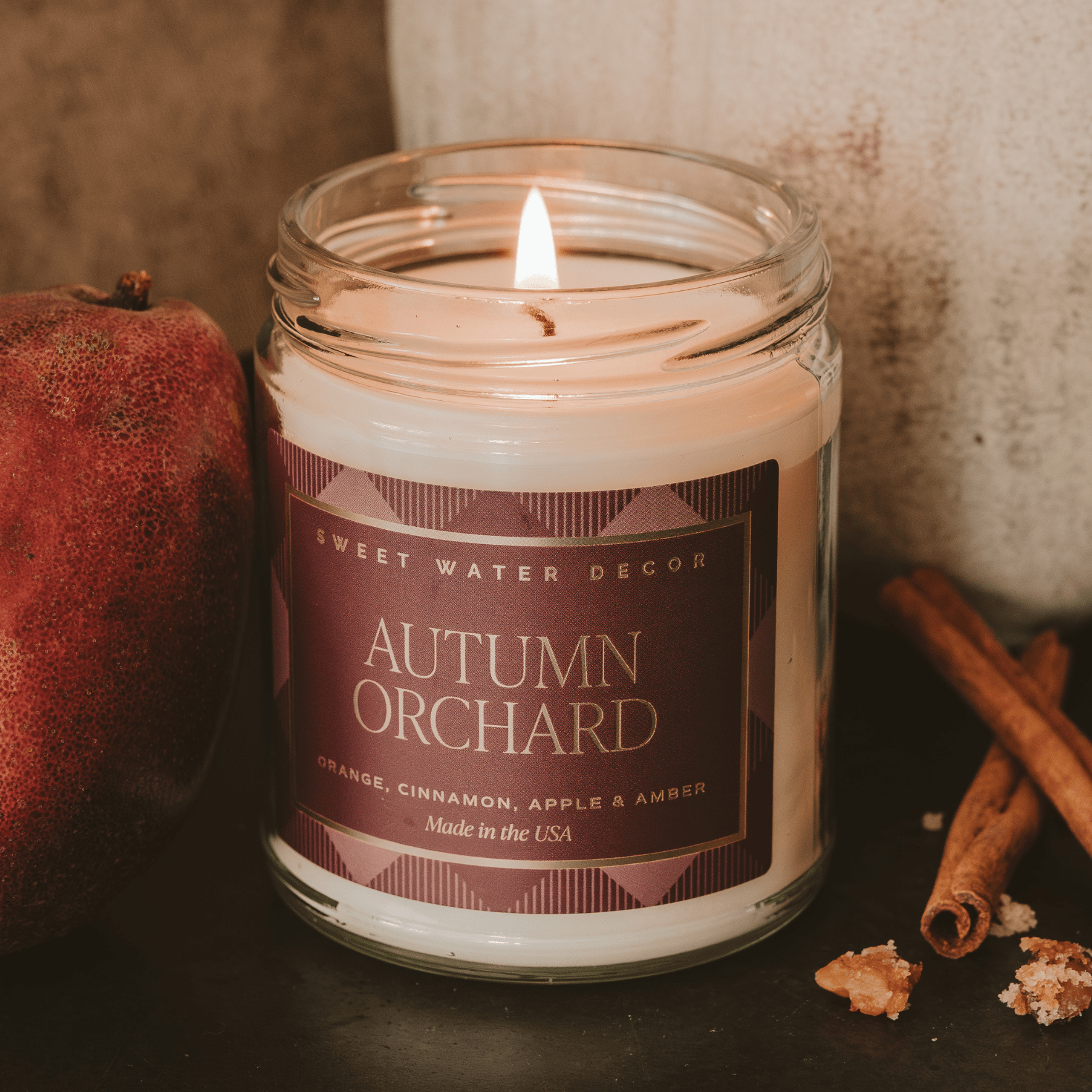 Vela de soja Autumn Orchard - Estampada, 250 g - Tarro transparente (Sidra caliente)