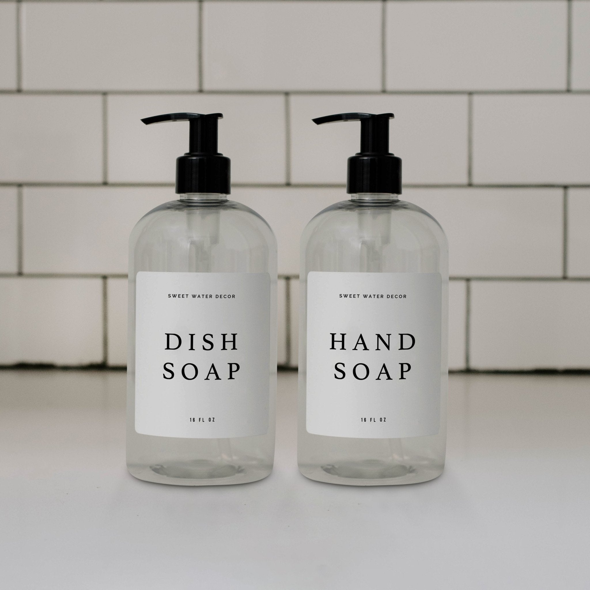 Juego de 2 dispensadores de plástico transparente para mostrador de 16 oz - Etiqueta de texto blanca