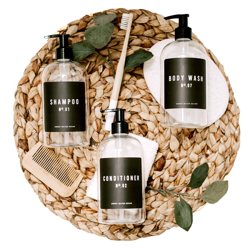 Juego de 3 dispensadores de plástico transparente para baño y ducha de 16 oz - Etiqueta negra