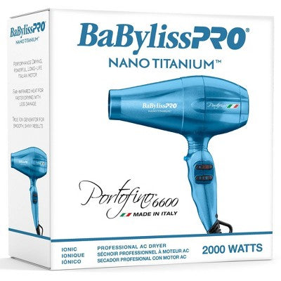 Secador de pelo BaBylissPRO Nano Titanium Portofino de tamaño completo, azul, 2000 W - Caja imperfecta