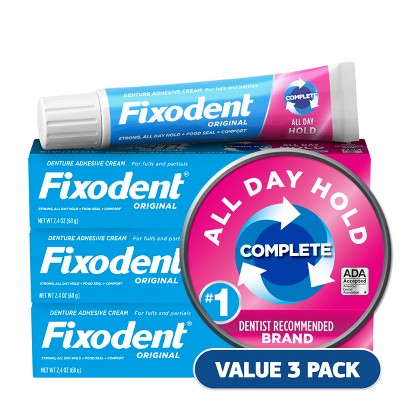 Crema adhesiva para prótesis dentales Fixodent Original Complete, 2.4 oz (paquete de 3) - Caja para imperfecciones