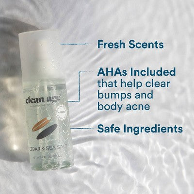 Desodorante y spray corporal Clean Age Cedar &amp; Sea Salt AHA para adolescentes, 113 ml (4 onzas líquidas) - Nuevo