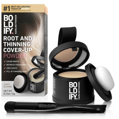 Polvo para retocar raíces BOLDIFY con brocha, cubre el cabello fino y las canas, rubio claro resistente al agua - Imperfect Box