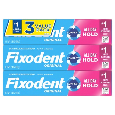 Crema adhesiva para prótesis dentales Fixodent Original Complete, 2.4 oz (paquete de 3) - Caja para imperfecciones