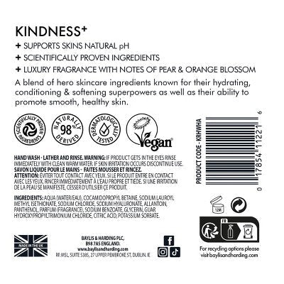 Jabón de manos Baylis &amp; Harding Kindness con ácido hialurónico, aroma de pera y flor de naranja, 500 ml (16.9 oz) - Envase imperfecto