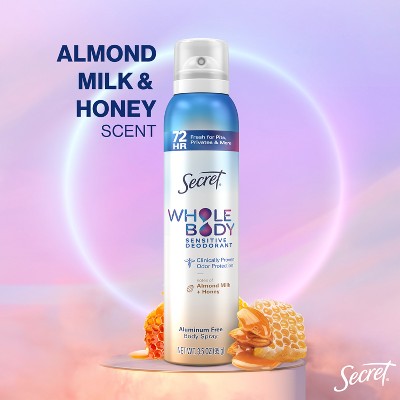 Desodorante corporal en aerosol Secret con miel de almendras, 3.5 oz - Nuevo