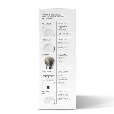 Kit de afeitado Bevel para hombre: maquinilla de afeitar y brocha de seguridad, crema de afeitar, aceite preafeitado, bálsamo postafeitado (40 hojas) - Imperfect Box