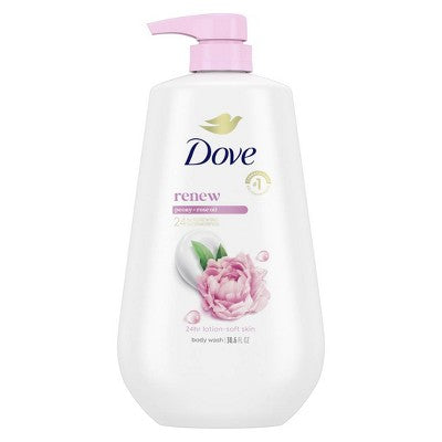 Dove Renew Body Wash Bomba Peony &amp; Rose Oil Loción nutritiva 24 horas - Piel suave 30.6 fl oz - Envase imperfecto