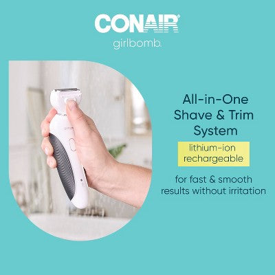 Conair Girlbomb Wet and Dry Cordless Rechargeable Foil Body Shaver with Facial,Eyebrow and Bikini Trimmer Attachments Set - 5pc