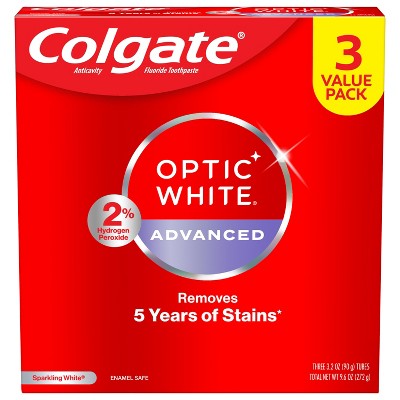 Pasta dental blanqueadora Colgate Optic White Sparkling White, 3.2 oz (paquete de 3) - Caja imperfecta