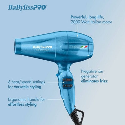 Secador de pelo BaBylissPRO Nano Titanium Portofino de tamaño completo, azul, 2000 W - Caja imperfecta