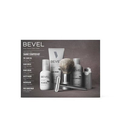 Kit de afeitado Bevel para hombre: maquinilla de afeitar y brocha de seguridad, crema de afeitar, aceite preafeitado, bálsamo postafeitado (40 hojas) - Imperfect Box