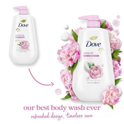 Dove Renew Body Wash Bomba Peony &amp; Rose Oil Loción nutritiva 24 horas - Piel suave 30.6 fl oz - Envase imperfecto