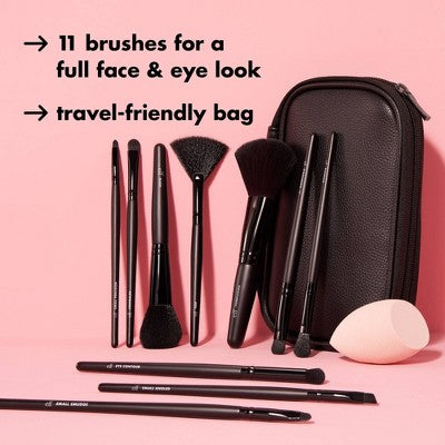 Juego de brochas de maquillaje de ojos y rostro completo de Elf con estuche de viaje (12 piezas) - Imperfect Box