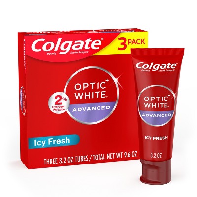 Pasta dental blanqueadora Colgate Optic White Adv Icy Fresh, 3.2 oz (paquete de 3) - Caja imperfecta