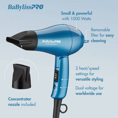 Secador de pelo de viaje BaBylissPRO Nano Titanium azul - Caja imperfecta