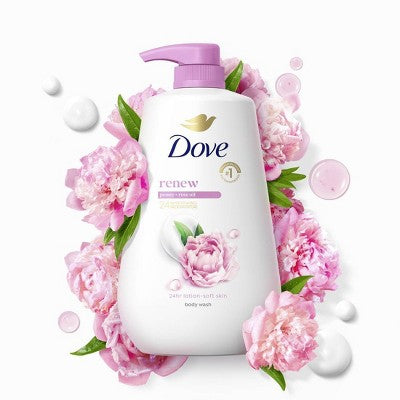 Dove Renew Body Wash Bomba Peony &amp; Rose Oil Loción nutritiva 24 horas - Piel suave 30.6 fl oz - Envase imperfecto