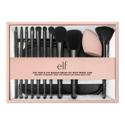 Juego de brochas de maquillaje de ojos y rostro completo de Elf con estuche de viaje (12 piezas) - Imperfect Box
