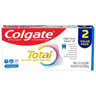 Pasta dental blanqueadora Colgate Total Active Prevention, menta, 147 ml (paquete de 2) - Caja imperfecta