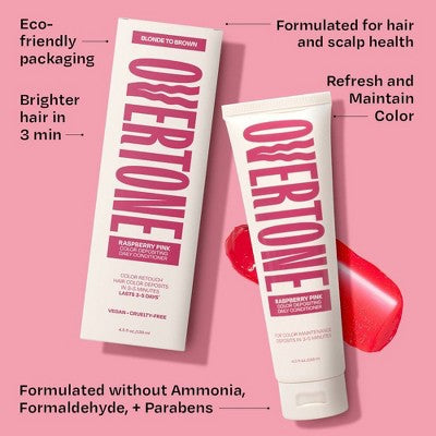 Overtone Raspberry Pink Daily ConditionerSemi-Permanent Pink Hair Color All Hair Types 4.5 oz Color-Depositing - New