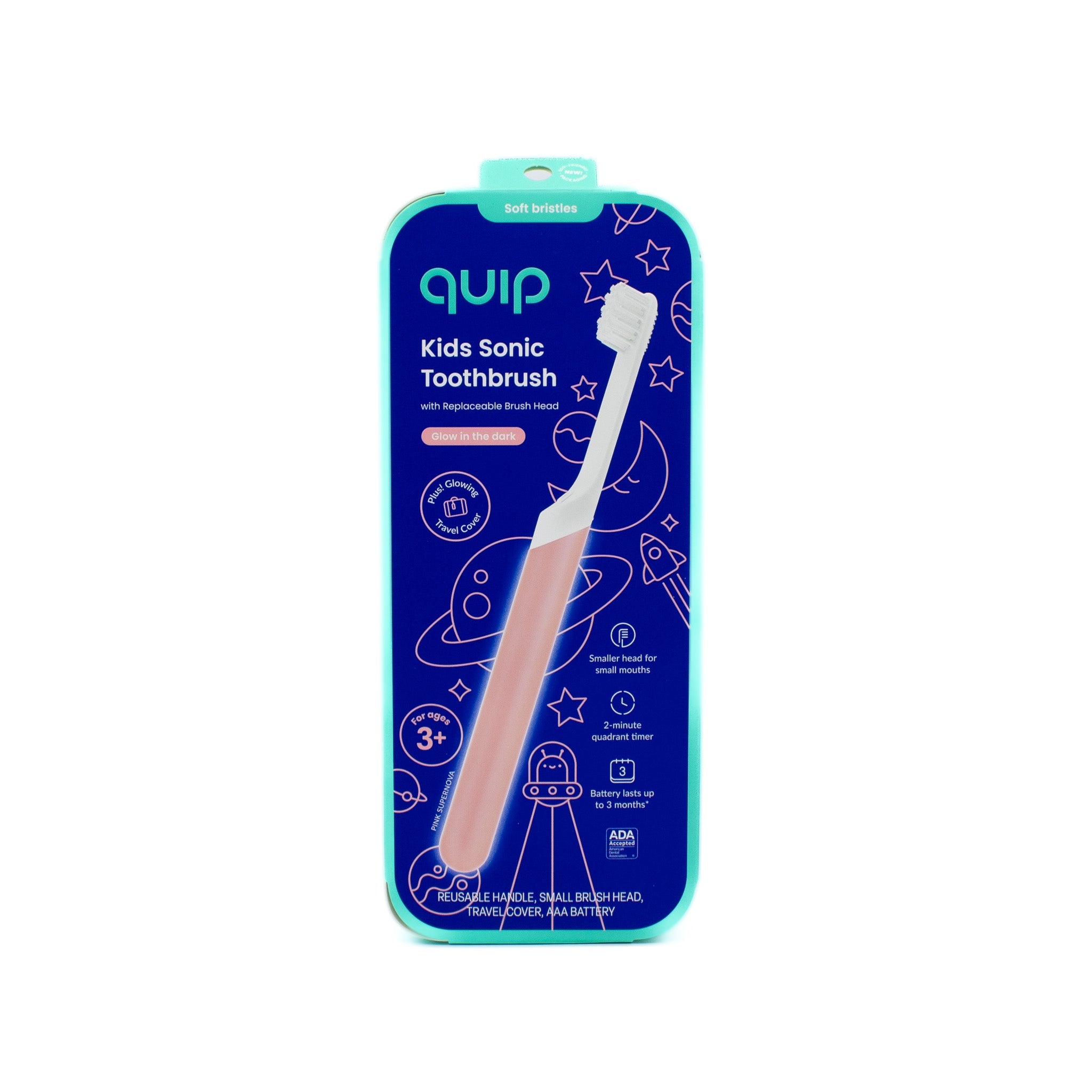 Cepillo de dientes sónico Quip para niños que brilla en la oscuridad ROSA - Nuevo