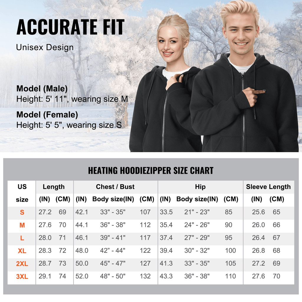 Heated Hoodie with Battery, Unisex Zip-Up, 10-Hour Power, Black (M)