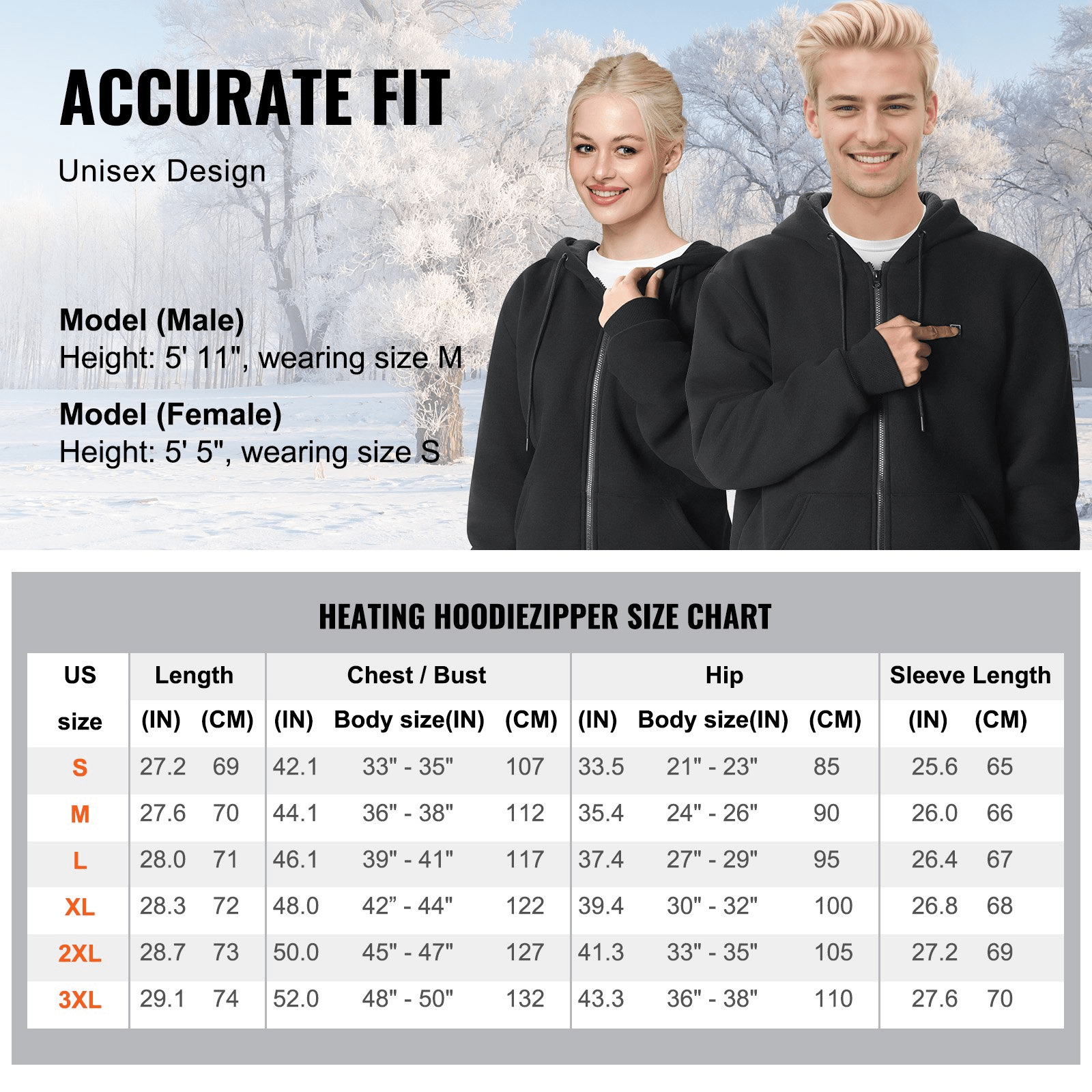 Heated Hoodie with Battery, Unisex Zip-Up, 10-Hour Power, Black (M)