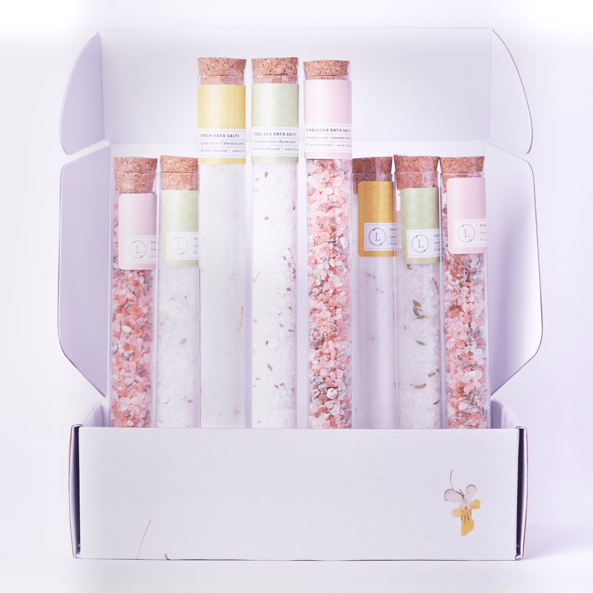 Luxurious Bath Salts Gift Set in 8 Reusable Glass Tubes