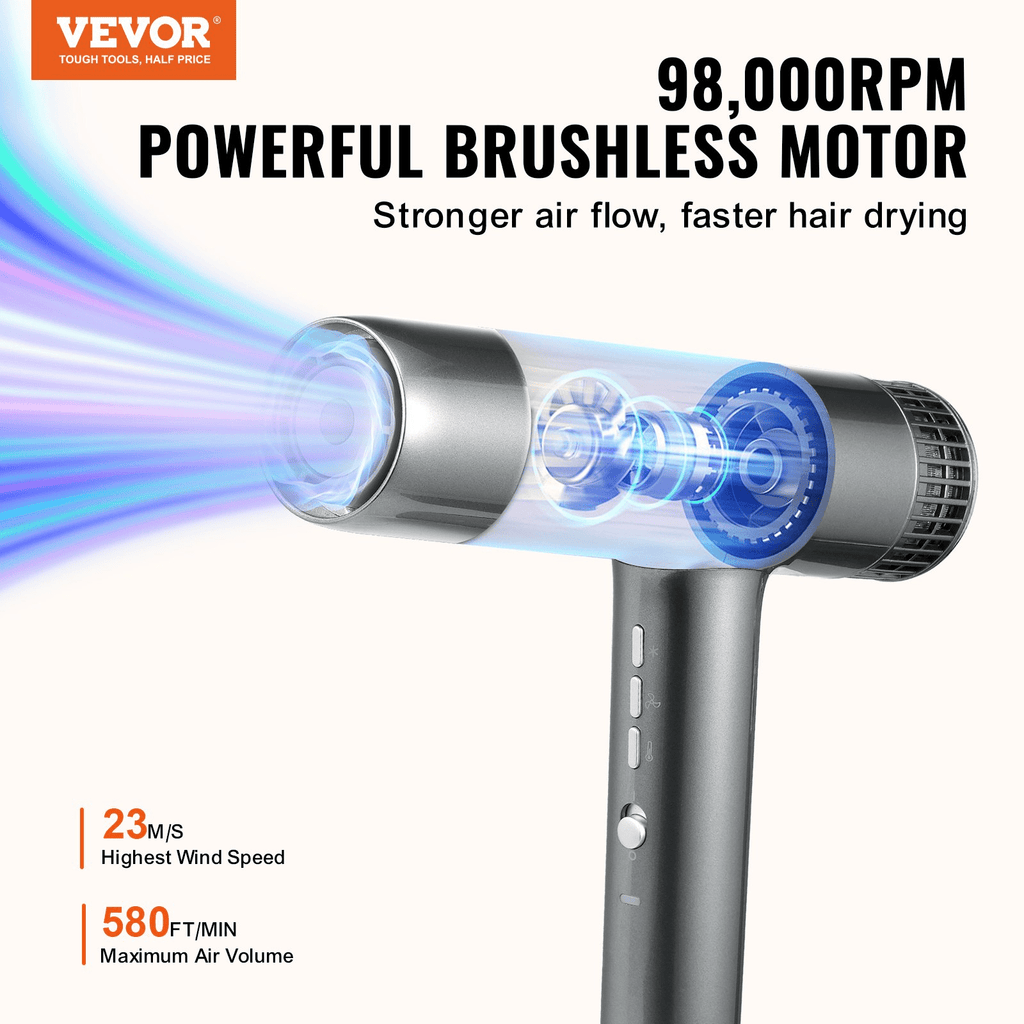 Negative Ion Hair Dryer, 98,000 RPM High‑Speed Brushless, Lightweight with Nozzles & Diffuser