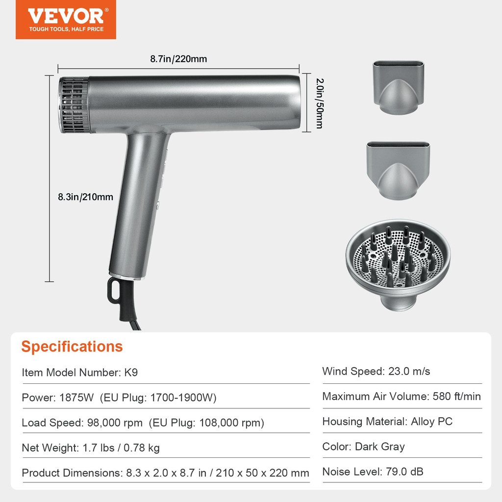 Negative Ion Hair Dryer, 98,000 RPM High‑Speed Brushless, Lightweight with Nozzles & Diffuser