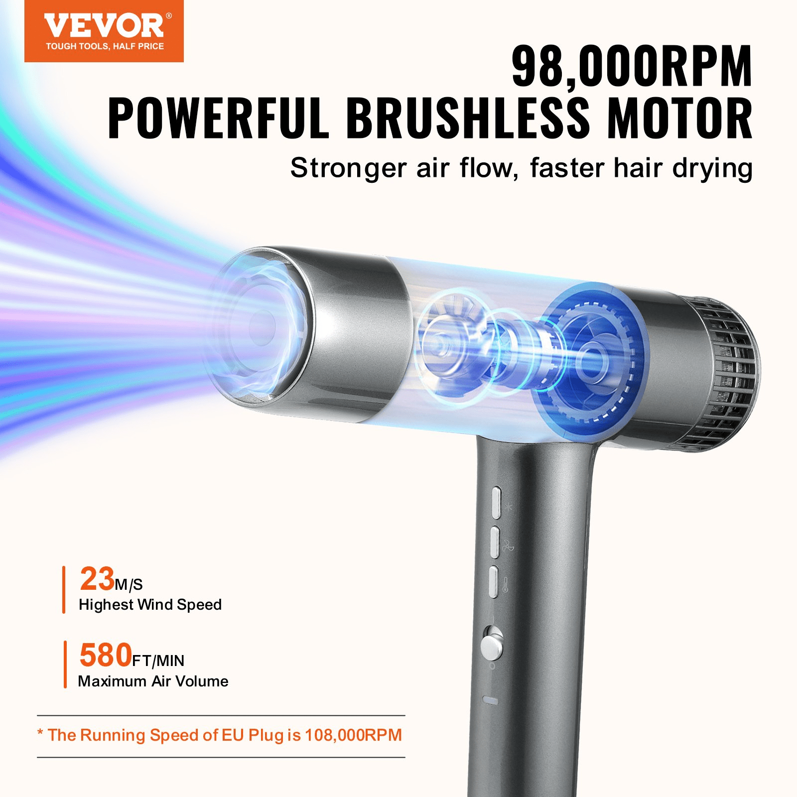 Negative Ion Hair Dryer, 98,000 RPM High‑Speed Brushless, Lightweight with Nozzles & Diffuser