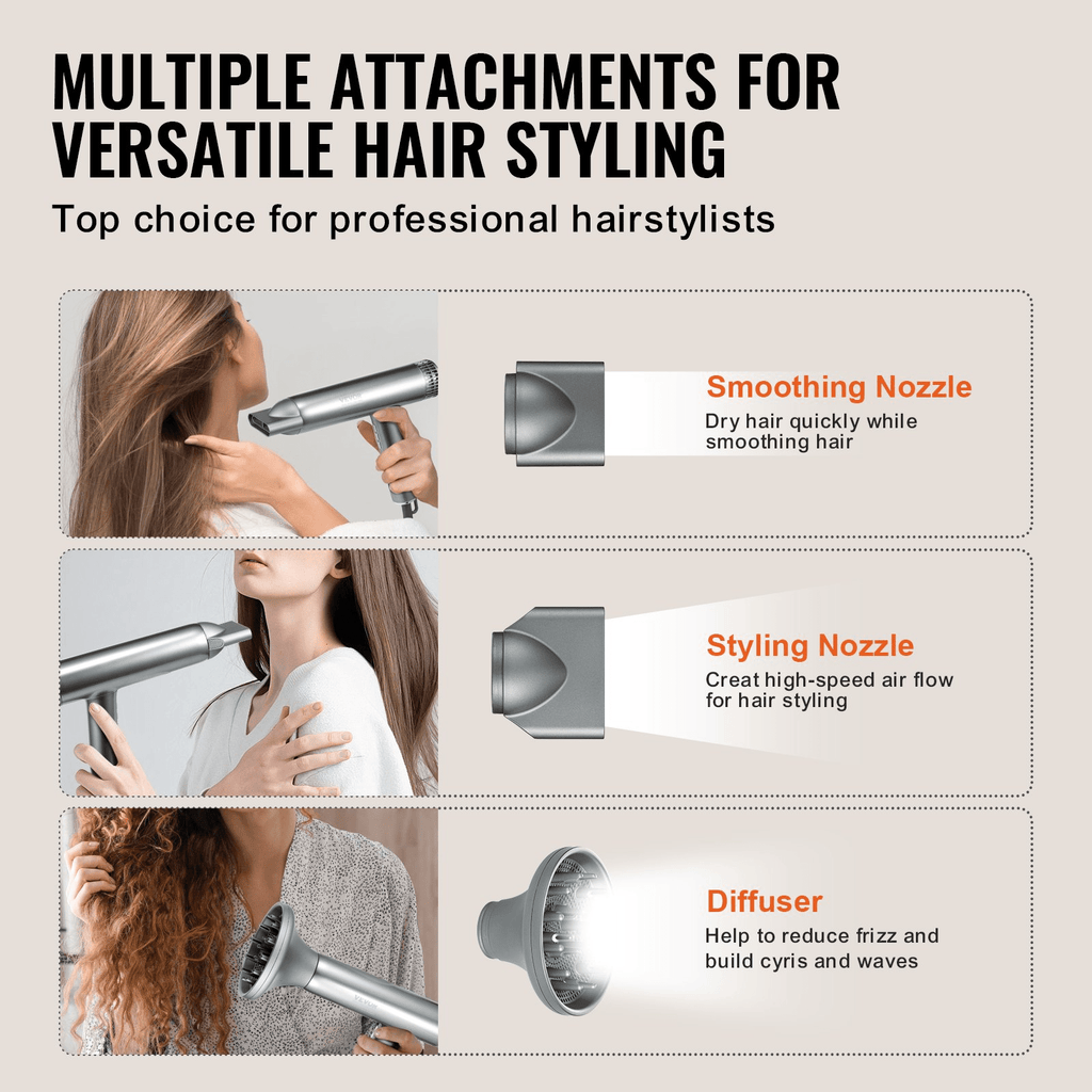 Negative Ion Hair Dryer, 98,000 RPM High‑Speed Brushless, Lightweight with Nozzles & Diffuser