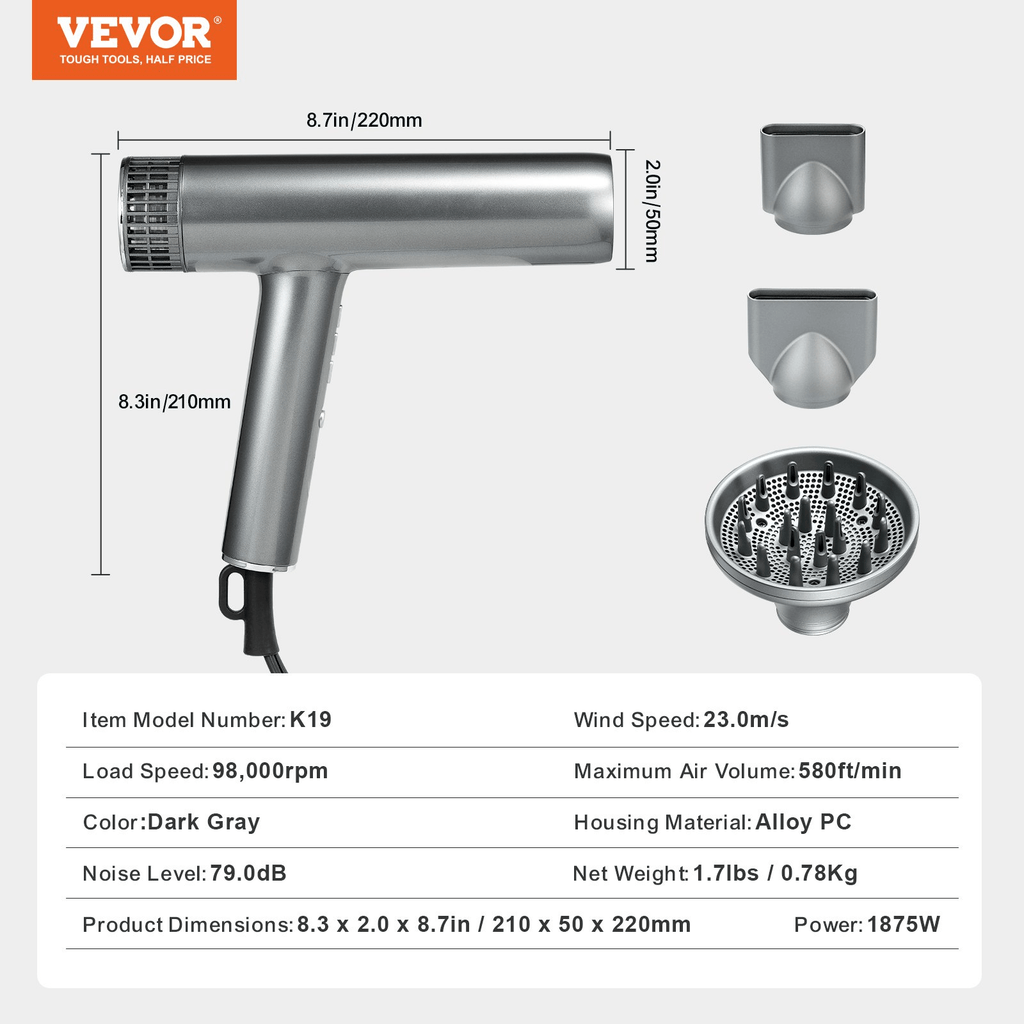 Negative Ion Hair Dryer, 98,000 RPM High‑Speed Brushless, Lightweight with Nozzles & Diffuser