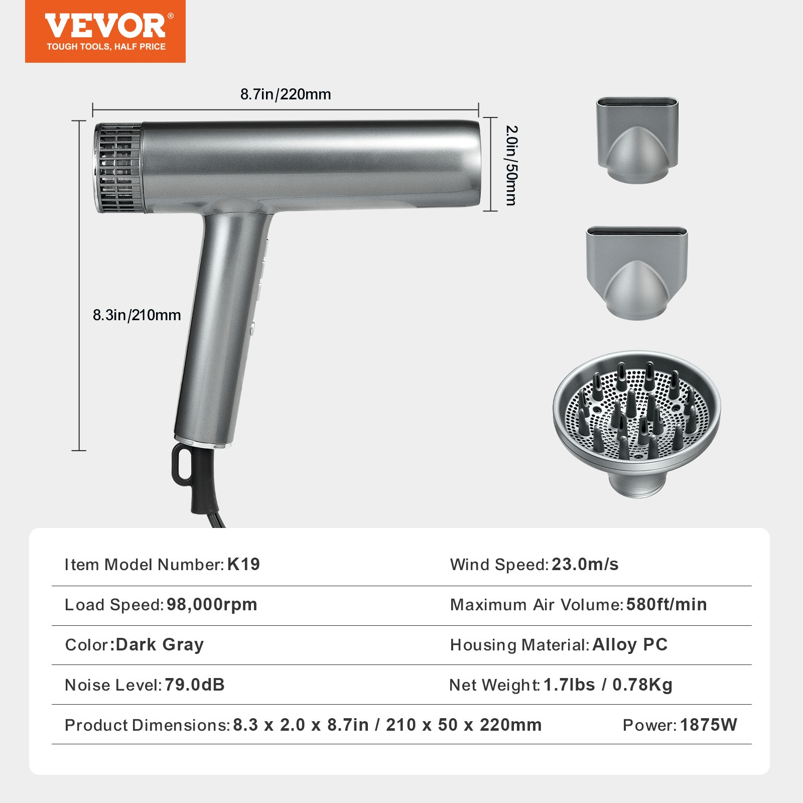 Negative Ion Hair Dryer, 98,000 RPM High‑Speed Brushless, Lightweight with Nozzles & Diffuser
