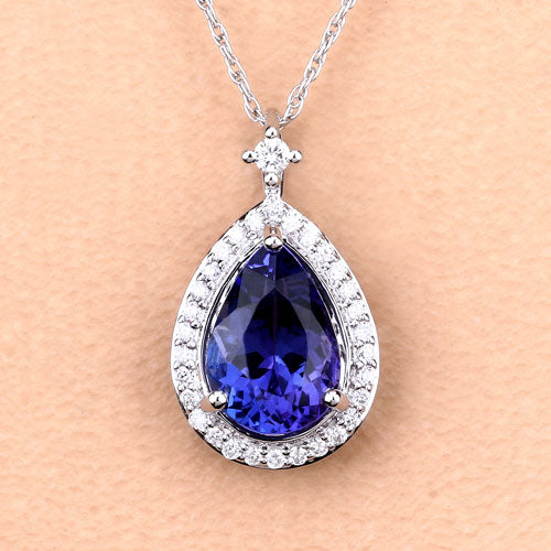 2.20 Carat Genuine Tanzanite and White Diamond 14K White Gold Pendant