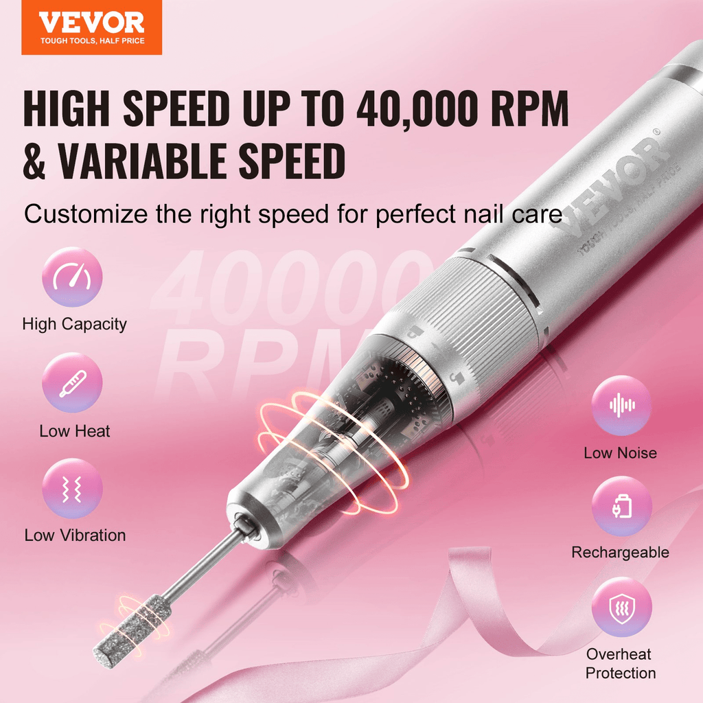 Portable Nail Drill 40000 RPM Cordless by VEVOR | LCD Control + 6 Bits