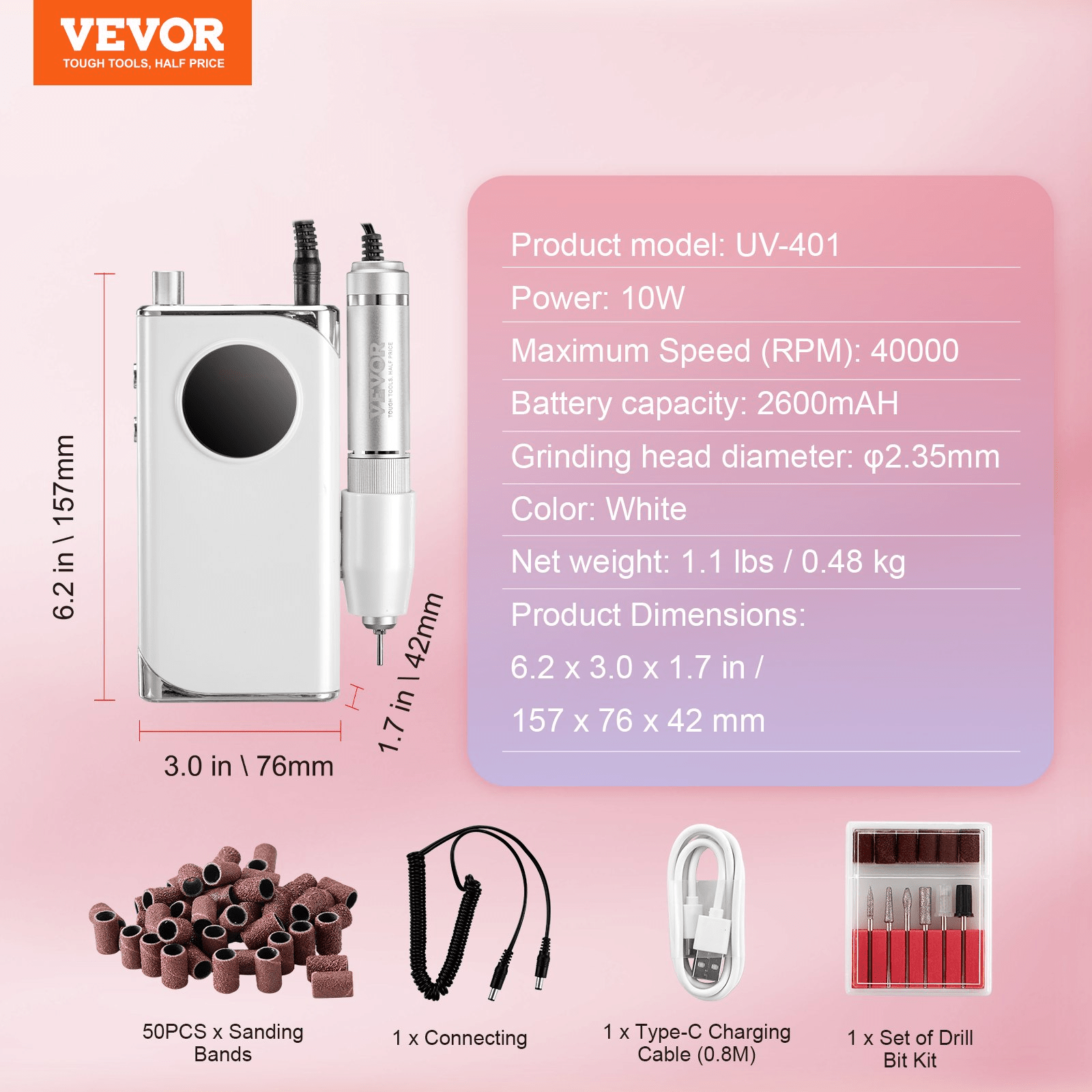 Portable Nail Drill 40000 RPM Cordless by VEVOR | LCD Control + 6 Bits