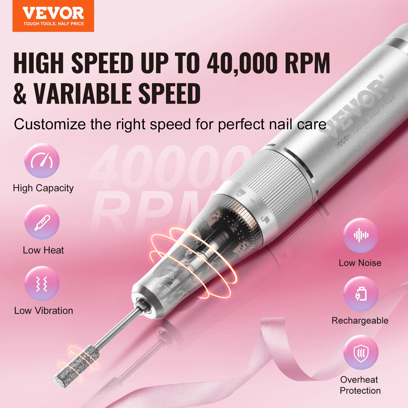 Portable Nail Drill 40000 RPM Cordless by VEVOR | LCD Control + 6 Bits