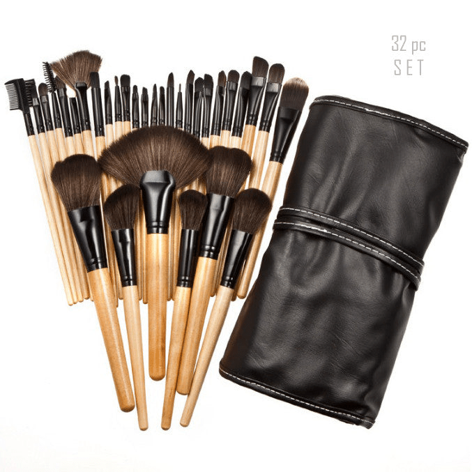 Sustainable 32-Piece Makeup Brush Set with Vegan Storage Pouch